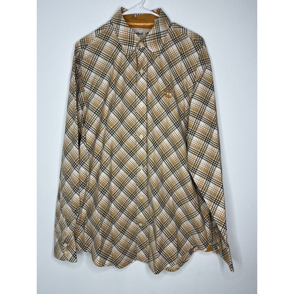 Timberland Shirt Mens Large L Brown Tan Plaid Button Down 100% Cotton CLEAN!